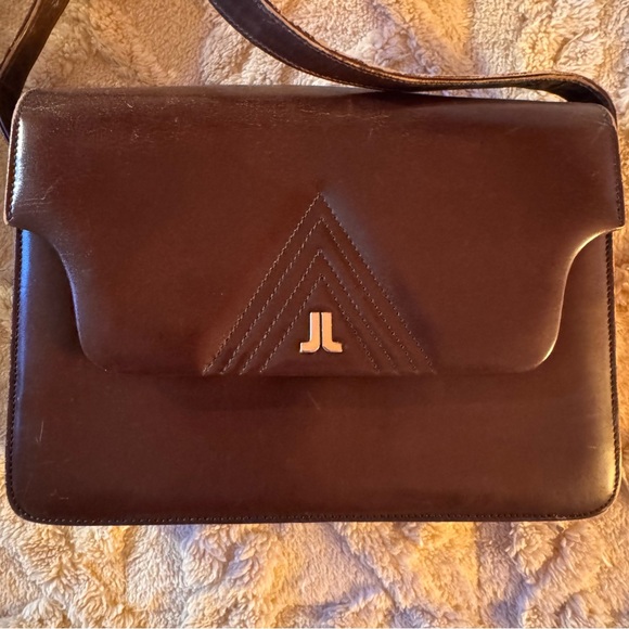 Vintage Lanvin Paris Brown Leather Flap Shoulder Bag | JL Logo | 80s 90s - Picture 5 of 15